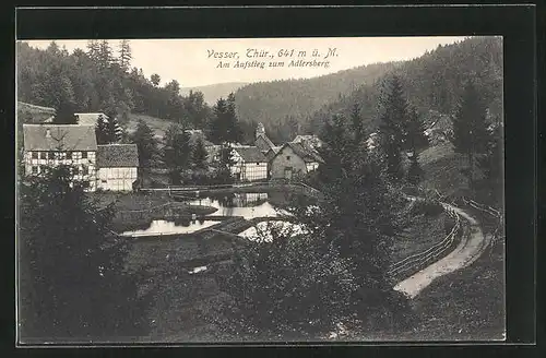 AK Vesser in Thüringen, am Aufstieg zum Adlersberg, Blick auf den Dorfteich