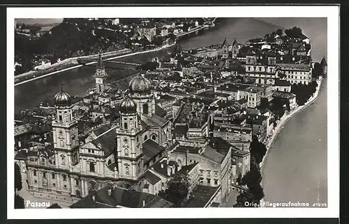 AK Passau, Fliegeraufnahme der Stadt, Blick auf die Mündung der Donau