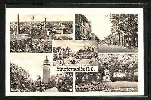 AK Finsterwalde N.-L., Trunkenbolde auf dem Marktplatz, Stadttotale, Kriegerdenkmal mit Parkeingang, Hindenburg-Platz