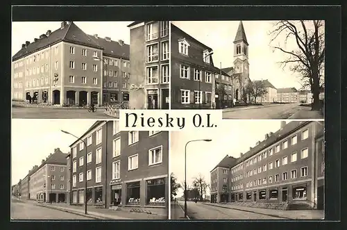 AK Niesky O.L., Hauptplatz mit Kirche, Geschäftszeile in der Stadt