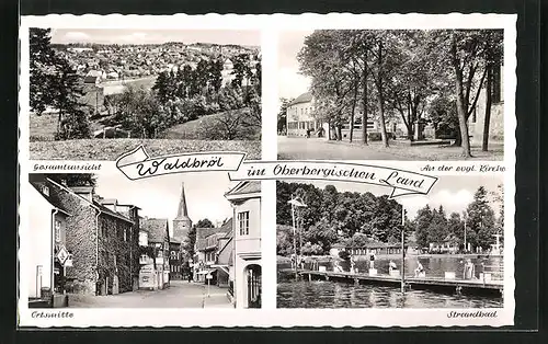 AK Waldbröl im Oberbergischen Land, Gesamtansicht, Ortsmitte, Strandbad, an der evangel. Kirche