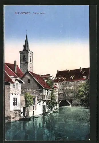 AK Erfurt Wohnhäuser am Dämmchen, Blick zum Kirchturm