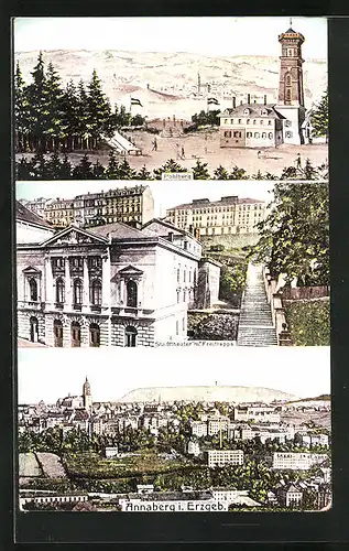 AK Annaberg i. Erzgeb., Generalansicht der Stadt, Aussichtsturm auf dem Pöhlberg, Stadttheater mit der Freitreppe