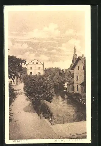 AK Siegburg, Partie am Mühlengraben, Blick zur Kirche