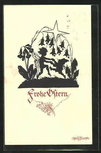 Künstler-AK Georg Plischke: Ostergrüsse, Elfe tanzt mit einem Zwerg unter einem Stern