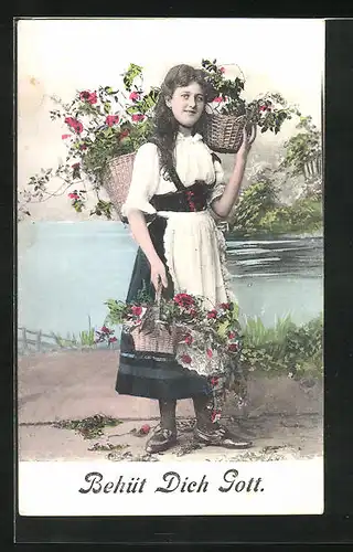 AK Frau in Tracht mit Körben voller Blumen am Ufer, Behüt Dich Gott!