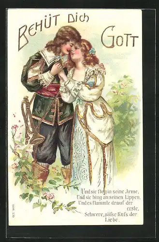 Präge-Lithographie der Trompeter mit seiner Liebsten im Arm im Garten, Behüt Dich Gott!
