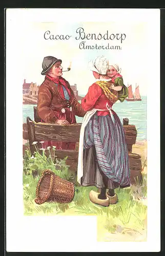 Lithographie Amsterdam, Mutter mit Kind in Trachtenkleidern, Schiffe im Hafen, Cacao Bensdorp