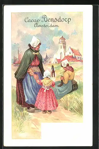 Lithographie Amsterdam, Frauen arbeiten am Feldrand, Blick zur Ortschaft, Cacao Bensdorp