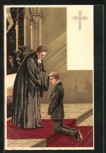 Künstler-AK Segnung eines jungen Mannes durch den Priester, Religion