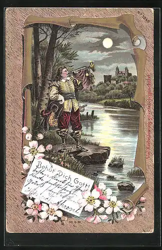 Lithographie Mann mit seiner Trompete am Ufer, Blick zur Burg, Behüt Dich Gott!