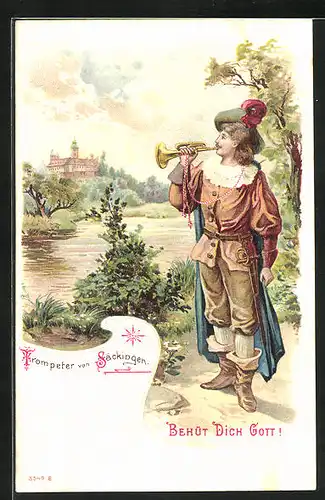 Lithographie Trompeter von Säckingen mit Blick zum Schloss, Behüt Dich Gott!