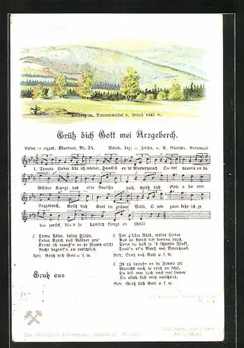 Lied-AK Anton Günther Nr. 24: Grüss dich Gott mei Arzgeberch, Keilberg mit Sonnenwirbel und Unruh