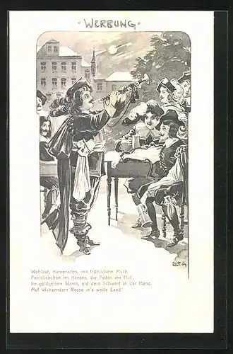 Künstler-AK Werbung, Mann spielt für die Kameraden sein Blasinstrument