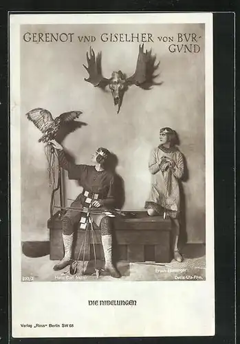 AK Gerenot und Giselher von Burgund mit einem Raubvogel, Hans Carl Müller und Erwin Biswanger in Die Nibelungen