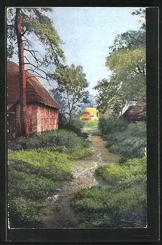 Künstler-AK Photochromie Nr. 3144: Bauernhäuser zwischen den Bäumen gelegen, am kleinen Bach