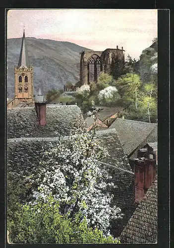 Künstler-AK Photochromie Nr. 2441: Kirche, Ruine und Häuser nebst Baumblüte