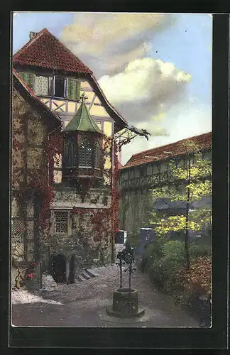 Künstler-AK Photochromie Nr. 2559: Fachwerkhaus mit Kellerabgang, Erker und Brunnen davor