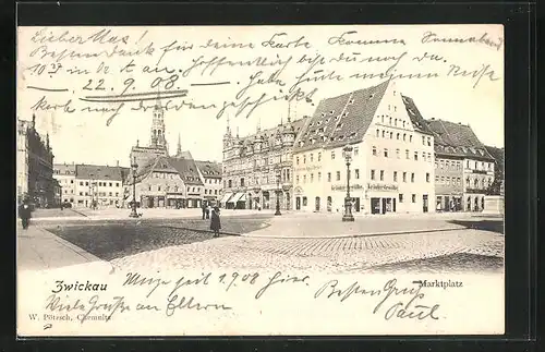 AK Zwickau i. Sa., auf dem Markplatz, die Löwen Apotheke, Blick zur Kirche