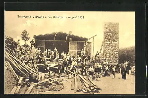 AK Rotschau, der Turnverein Vorwärts e.V., in der Ruine im August 1923