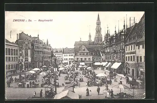 AK Zwickau i. Sa., geschäftiges Treiben auf dem Hauptmarkt, Blick zum Rathaus