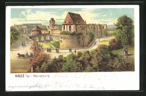 Lithographie Halle a. S., Passanten an der Moritzburg Ruine