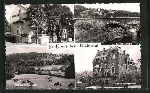 AK Völlinghausen a.d. Möhne, Gasthof-Pension Schnettler, Ortsansicht, Schloss und Partie an der Möhnebrücke