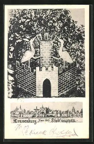 Künstler-AK Cranenburg, Stadtpanorama aus dem Jahr 1563, Darstellung der Stadtmauer