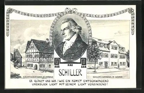 AK Weimar, Schillers Geburtshaus in Marbach, Schillers Wohnhauszu Weimar
