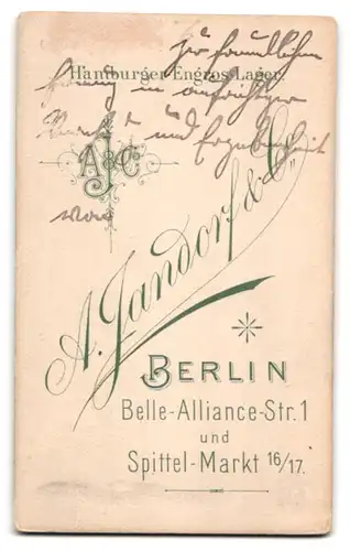 Fotografie A. Jandorf & Co., Berlin, Belle-Alliance-Str. 1, Portrait junger Herr im Anzug mit Krawatte