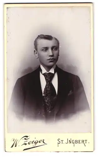 Fotografie W. Zeiger, St. Ingbert, Kaiserstrasse, Portrait junger Herr im Anzug mit Krawatte
