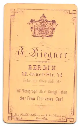 Fotografie E. Biegner & Co., Berlin, Jägerstrasse 42, Portrait kleines Mädchen im modischen Kleid