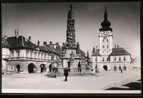 Fotografie unbekannter Fotograf, Ansicht Louny, Denkmal und Rathaus