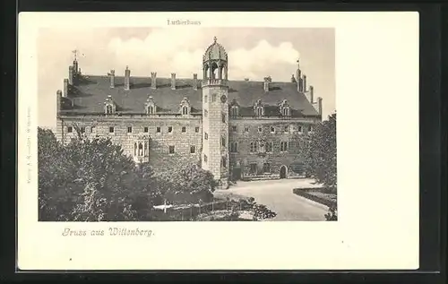 AK Wittenberg, Strassenpartie mit Lutherhaus aus der Vogelschau
