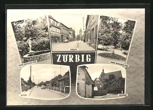 AK Zörbig, Strassenpartie mit Kirche und Park