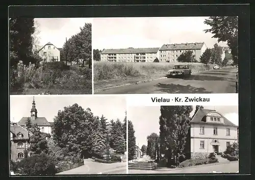 AK Vielau Kr. Zwickau, Strassenpartie mit Kirche