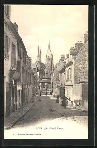 AK Dourdan, La Rue Saint-Pierre et l`Eglise