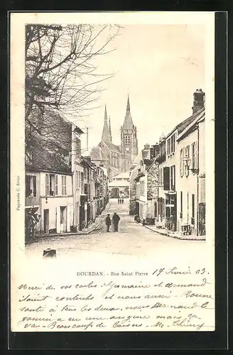 AK Dourdan, La Rue Saint-Pierre et l`Eglise