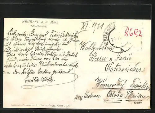 AK Neuberg a. d. Mürz, Ortsansicht mit dem Hotel Post