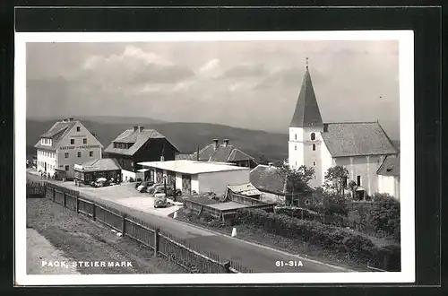 AK Pack, Strassenpartie mit Gasthof Packerhöhe und Kirche