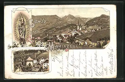 Lithographie Mariazell, Marienstatue, Heiligenbrunn, Ortsansicht