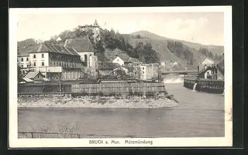 AK Bruck an der Mur, Mürzmündung und Kirchturm