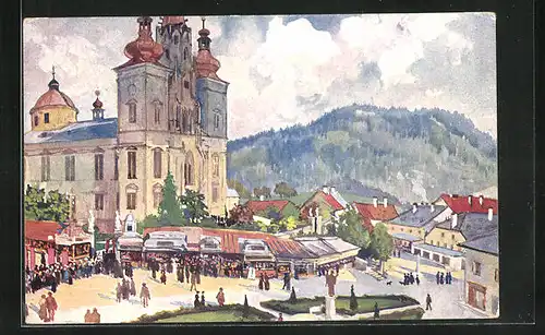 Künstler-AK Mariazell, Markt an der Basilika