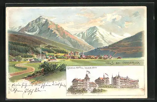 Lithographie Igls bei Innsbruck, Grand Hotel Igler Hof, Panorama