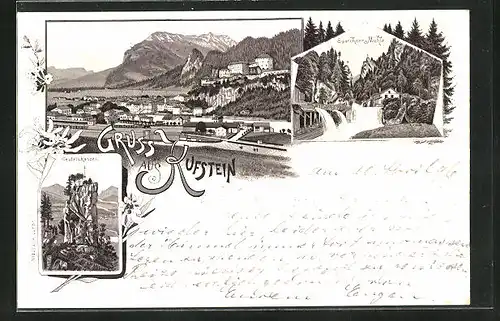 Lithographie Kufstein, Teufelskanzel, Sparchner Mühle, Panorama