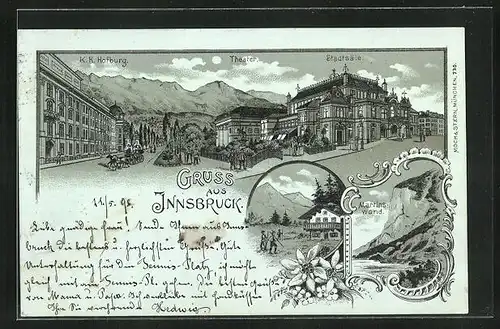 Lithographie Innsbruck, K. K. Hofburg, Theater, Stadtsäle, Martinswand