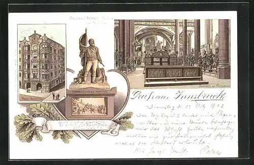 Lithographie Innsbruck, Andreas-Hofer-Denkmal, Innenansicht der Hofkirche, Kath. Kasino