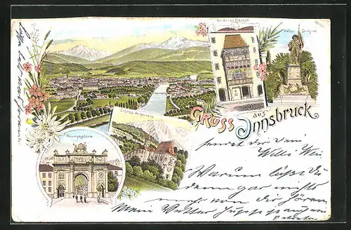 Lithographie Innsbruck, Triuphpforte, Schloss Weiherburg, Goldenes Dachel, Panorama