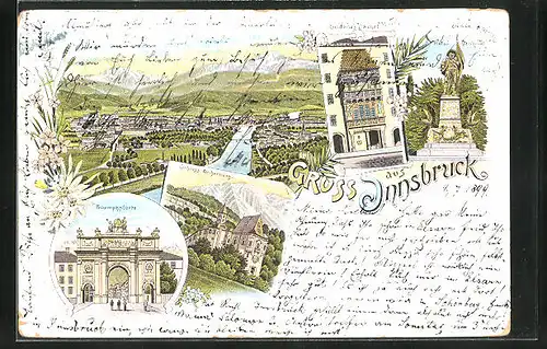 Lithographie Innsbruck, Triumphpforte, Goldenes Dachel, Schloss Weiherburg, Panorama