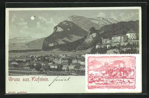Mondschein-Lithographie Kufstein, Panorama gegen Schloss und Bergkette